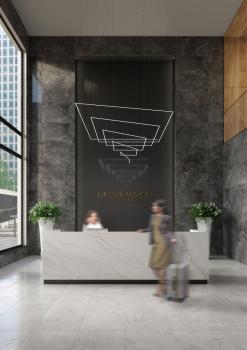 Leuchte als elegantes Highlight in der Hotellobby – perfekte Lichtstimmung für Empfangsbereiche.